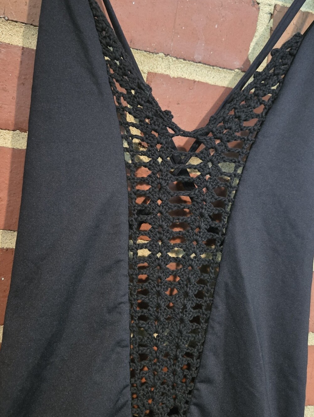 Billabong Hippie Hooray One Piece Swimsuit Black Crochet Plunge Boho Medium NWT - Picture 3 of 5